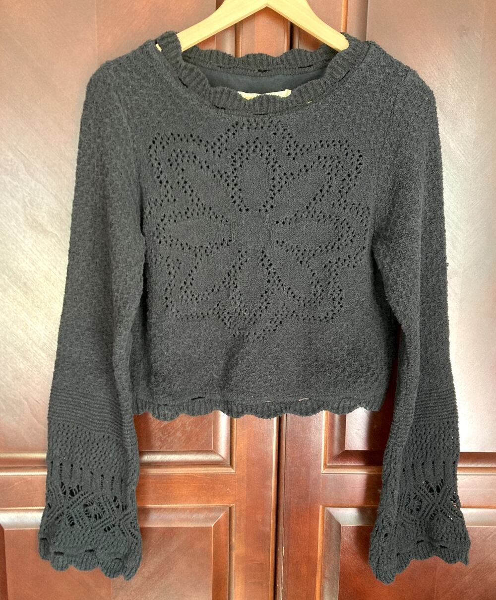 by Anthropologie-Whimsigoth Fairycore Black Flower Cropped Bell Sleeve Sweater-S